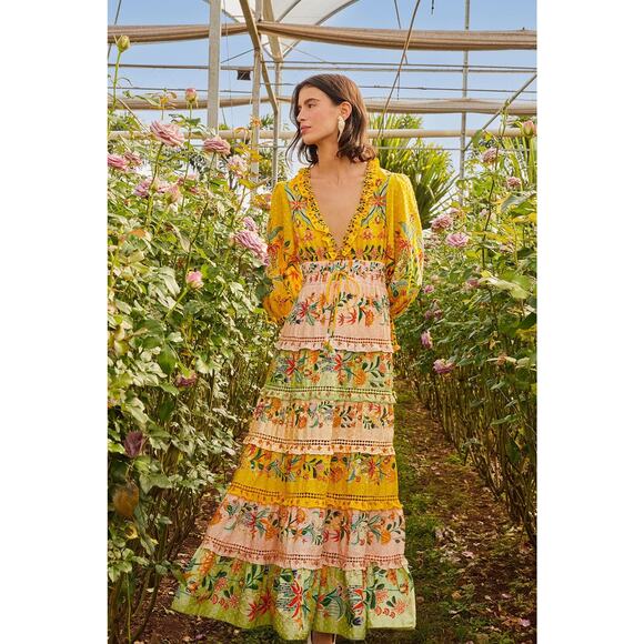 NEW NWT Farm Rio Delicate Flower Stripes Long Sleeve Tiered Maxi Dress Size S - Picture 1 of 12